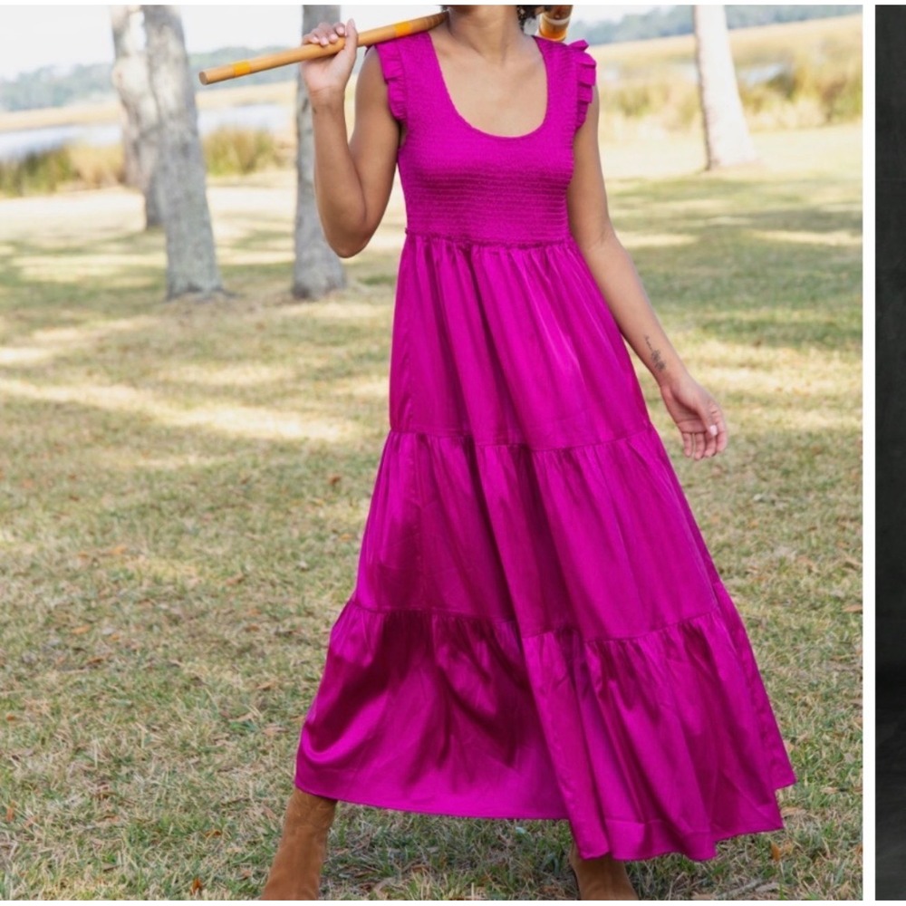 NWT Natural Life Olivia Smocked Maxi dress L magenta satin wedding vacation
